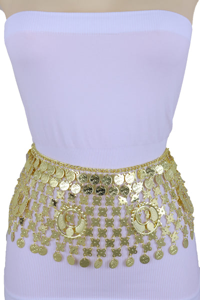 Women Gold Metal Chain Wide Waistband Ethnic Belly Dance Coin Charms Belt Adjustable Band Size M L XL
