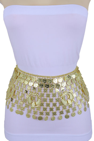 Women Gold Metal Chain Wide Waistband Ethnic Belly Dance Coin Charms Belt Adjustable Band Size M L XL