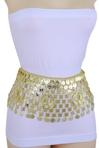 Women Gold Metal Chain Wide Waistband Ethnic Belly Dance Coin Charms Belt Adjustable Band Size M L XL