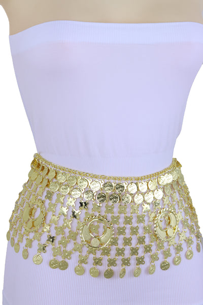 Brand New Women Gold Metal Chain Wide Waistband Ethnic Belly Dance Coin Charms Belt M L XL