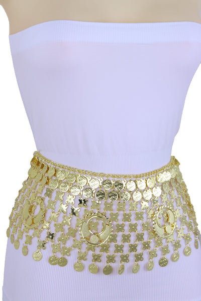 Women Gold Metal Chain Wide Waistband Ethnic Belly Dance Coin Charms Belt Adjustable Band Size M L XL