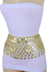 Women Gold Metal Chain Wide Waistband Ethnic Belly Dance Coin Charms Belt Adjustable Band Size M L XL