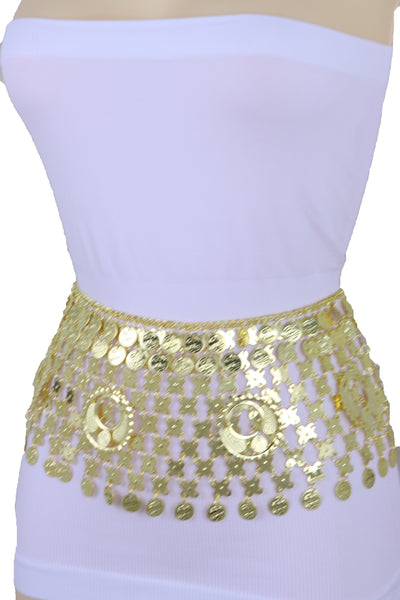 Women Gold Metal Chain Wide Waistband Ethnic Belly Dance Coin Charms Belt Adjustable Band Size M L XL