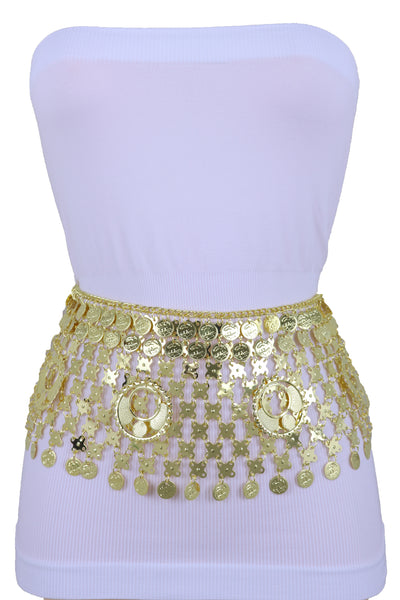 Brand New Women Gold Metal Chain Wide Waistband Ethnic Belly Dance Coin Charms Belt M L XL