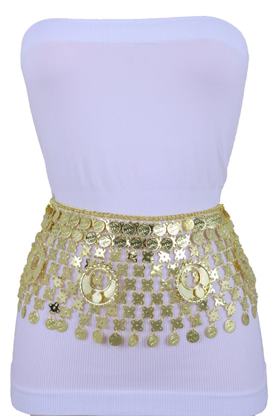 Women Gold Metal Chain Wide Waistband Ethnic Belly Dance Coin Charms Belt Adjustable Band Size M L XL