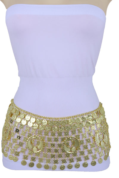 Women Gold Metal Chain Wide Waistband Ethnic Belly Dance Coin Charms Belt Adjustable Band Size M L XL