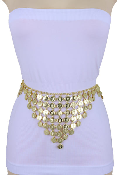 Women Belly Dancing Ethnic Fashion Belt Hip Gold Metal Chain Coin Charms Adjustable Size Band S M