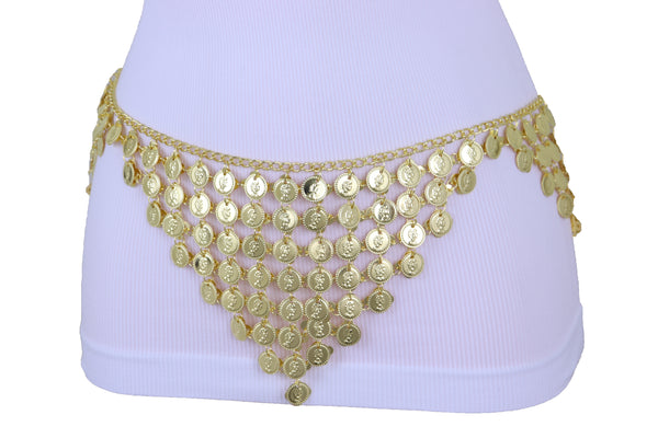 Women Belly Dancing Ethnic Fashion Belt Hip Gold Metal Chain Coin Charms Adjustable Size Band S M