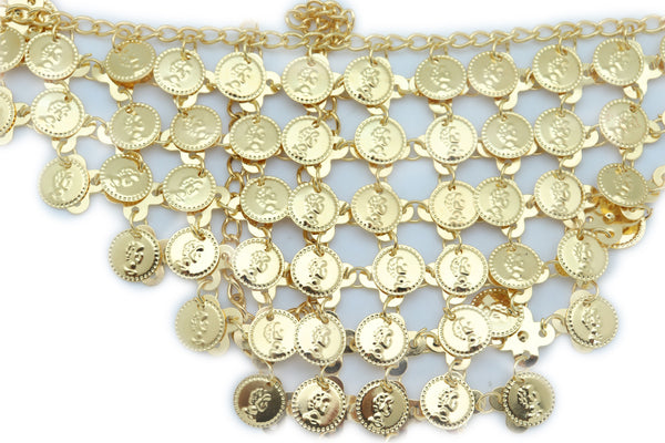 Women Belly Dancing Ethnic Fashion Belt Hip Gold Metal Chain Coin Charms Adjustable Size Band S M