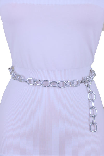 Women Bling Fashion Belt Silver Metal Chain Oval Links Narrow Adjustable Size Waistband M L XL