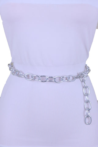 Brand New Women Bling Fashion Belt Silver Metal Chain Oval Links Narrow Waistband M L XL