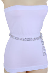 Bling Fashion Belt Silver Metal Chain Oval Links Narrow Waistband M L XL