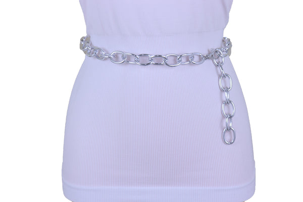 Women Bling Fashion Belt Silver Metal Chain Oval Links Narrow Adjustable Size Waistband M L XL