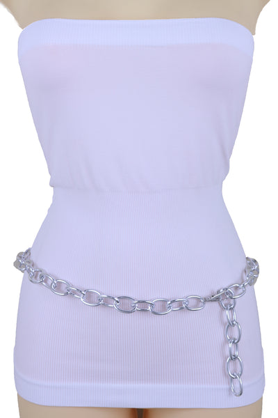 Women Bling Fashion Belt Silver Metal Chain Oval Links Narrow Adjustable Size Waistband M L XL