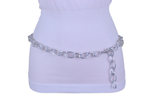 Women Bling Fashion Belt Silver Metal Chain Oval Links Narrow Adjustable Size Waistband M L XL