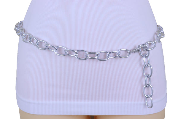 Women Bling Fashion Belt Silver Metal Chain Oval Links Narrow Adjustable Size Waistband M L XL