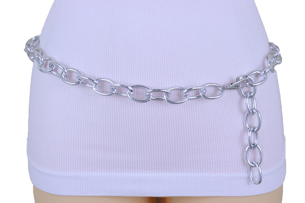 Brand New Women Bling Fashion Belt Silver Metal Chain Oval Links Narrow Waistband M L XL