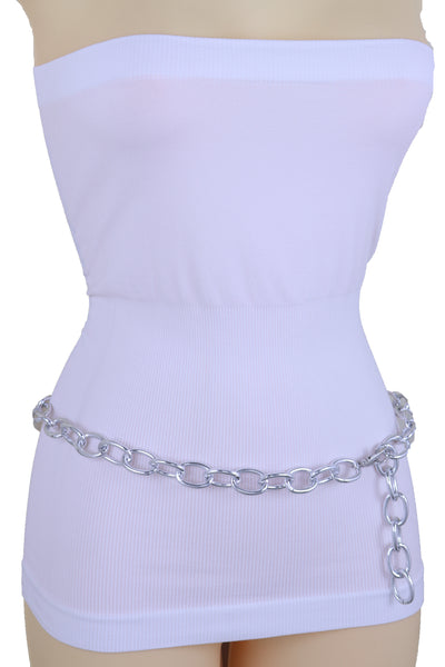 Women Bling Fashion Belt Silver Metal Chain Oval Links Narrow Adjustable Size Waistband M L XL