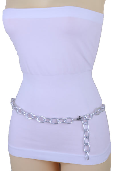 Women Bling Fashion Belt Silver Metal Chain Oval Links Narrow Adjustable Size Waistband M L XL