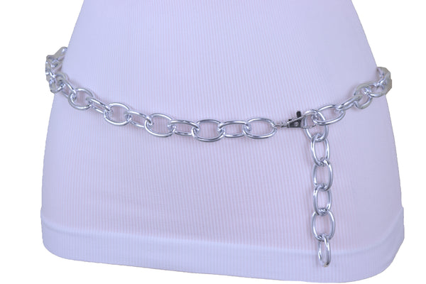 Women Bling Fashion Belt Silver Metal Chain Oval Links Narrow Adjustable Size Waistband M L XL