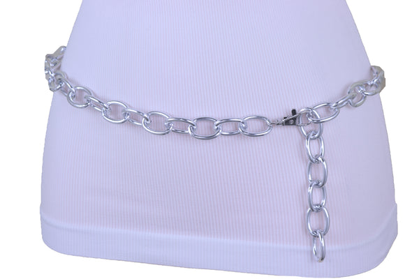 Women Fashion Belt Silver Metal Chunky Chain Oval Thick Links Adjustable Band Plus Size XL XXL