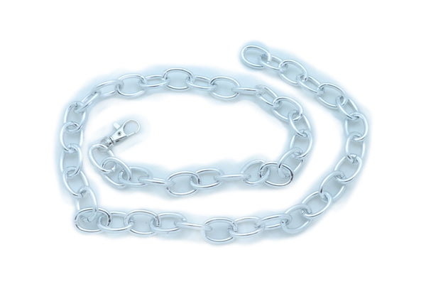 Women Bling Fashion Belt Silver Metal Chain Oval Links Narrow Adjustable Size Waistband M L XL