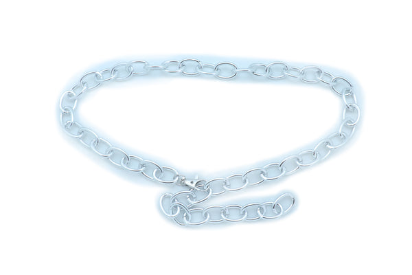 Women Bling Fashion Belt Silver Metal Chain Oval Links Narrow Adjustable Size Waistband M L XL