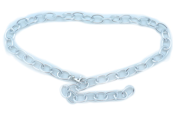 Women Bling Fashion Belt Silver Metal Chain Oval Links Narrow Adjustable Size Waistband M L XL