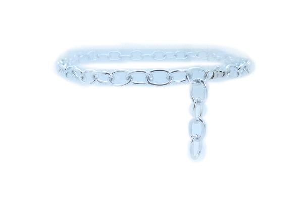 Women Bling Fashion Belt Silver Metal Chain Oval Links Narrow Adjustable Size Waistband M L XL