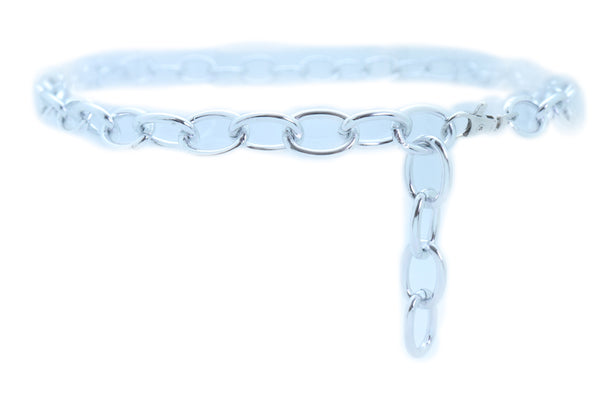Women Bling Fashion Belt Silver Metal Chain Oval Links Narrow Adjustable Size Waistband M L XL