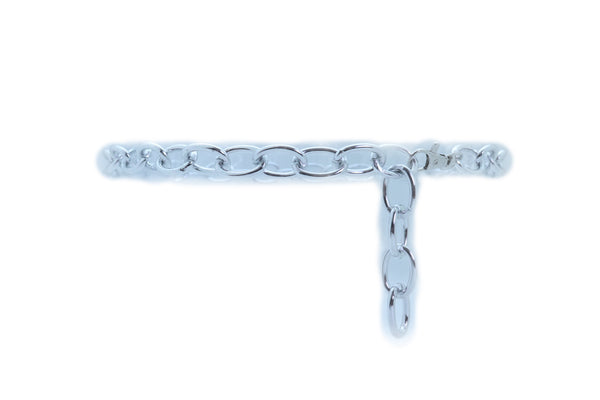 Women Bling Fashion Belt Silver Metal Chain Oval Links Narrow Adjustable Size Waistband M L XL
