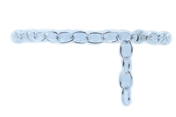 Women Bling Fashion Belt Silver Metal Chain Oval Links Narrow Adjustable Size Waistband M L XL