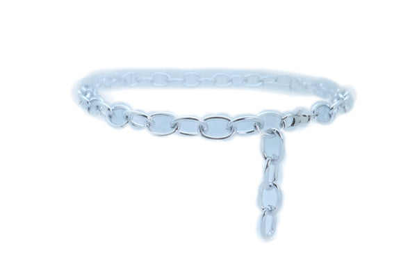 Women Bling Fashion Belt Silver Metal Chain Oval Links Narrow Adjustable Size Waistband M L XL