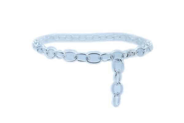 Women Bling Fashion Belt Silver Metal Chain Oval Links Narrow Adjustable Size Waistband M L XL