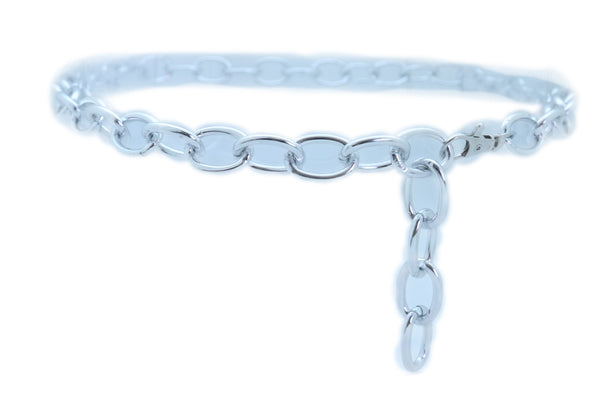 Women Bling Fashion Belt Silver Metal Chain Oval Links Narrow Adjustable Size Waistband M L XL