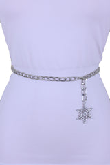 Silver Metal Chain Belt Flower Charms Long Beads S M L