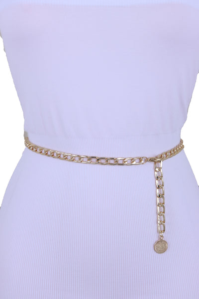 Women Gold Metal Chain Links Fashion Waist Hip Belt Coin Charm Adjustable Band Fits Plus Size XL XXL