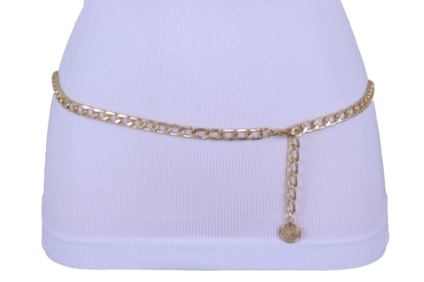 Women Gold Metal Chain Links Fashion Waist Hip Belt Coin Charm Adjustable Band Fits Plus Size XL XXL