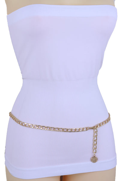Women Gold Metal Chain Links Fashion Waist Hip Belt Coin Charm Adjustable Band Fits Plus Size XL XXL