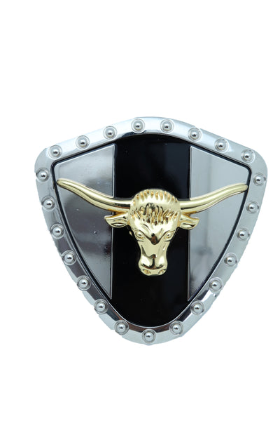 Brand New Men Silver Metal Western Belt Buckle Texas Lone Horn Cow Bling Gold Bull Shield