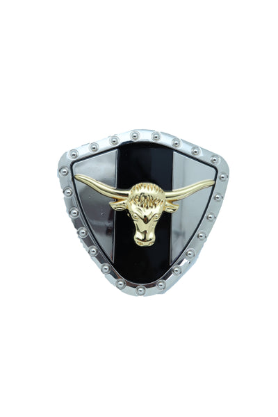 Brand New Men Silver Metal Western Belt Buckle Texas Lone Horn Cow Bling Gold Bull Shield