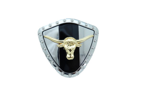 Brand New Men Silver Metal Western Belt Buckle Texas Lone Horn Cow Bling Gold Bull Shield