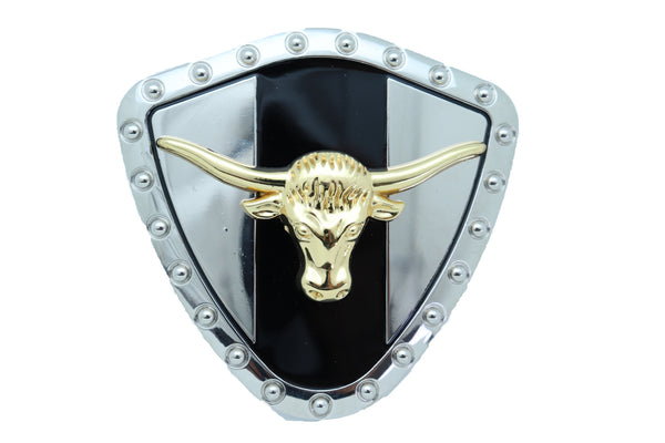 Brand New Men Silver Metal Western Belt Buckle Texas Lone Horn Cow Bling Gold Bull Shield