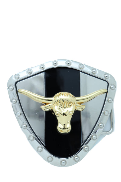 Brand New Men Silver Metal Western Belt Buckle Texas Lone Horn Cow Bling Gold Bull Shield