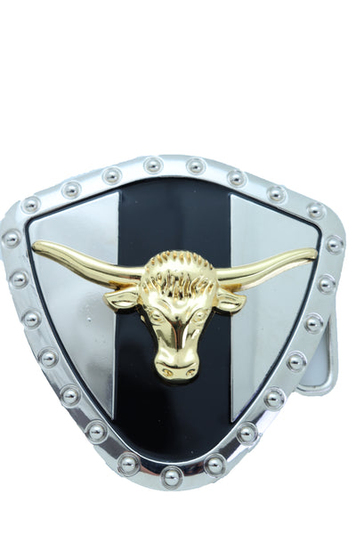 Brand New Men Silver Metal Western Belt Buckle Texas Lone Horn Cow Bling Gold Bull Shield
