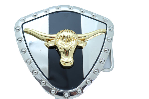 Brand New Men Silver Metal Western Belt Buckle Texas Lone Horn Cow Bling Gold Bull Shield