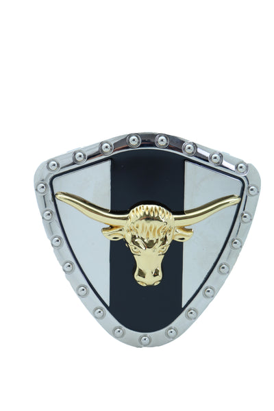 Brand New Men Silver Metal Western Belt Buckle Texas Lone Horn Cow Bling Gold Bull Shield