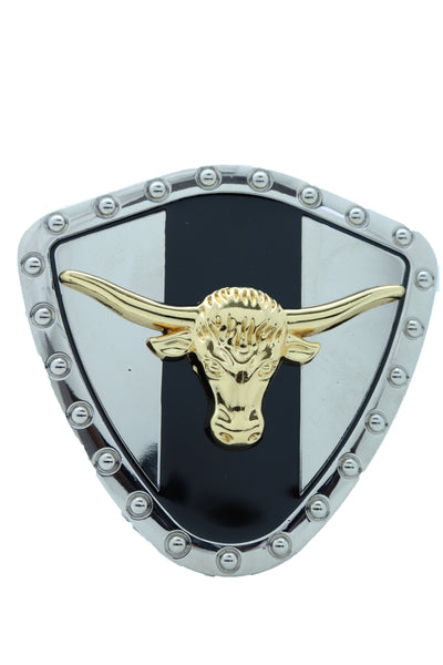 Brand New Men Silver Metal Western Belt Buckle Texas Lone Horn Cow Bling Gold Bull Shield