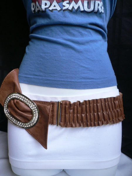 Brown / Red Faux Leather Elastic Bend Hip Belt Big Bow Multi Rhinestones Oval Buckle New Women Fashion Accessories Size XS S M - alwaystyle4you - 4