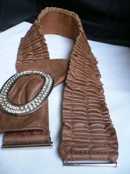 Brown / Red Faux Leather Elastic Bend Hip Belt Big Bow Multi Rhinestones Oval Buckle New Women Fashion Accessories Size XS S M - alwaystyle4you - 5